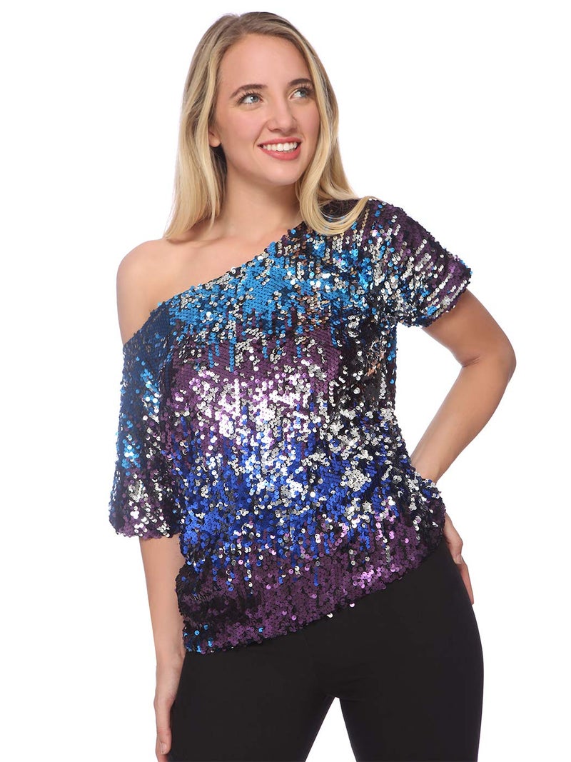 Anna-Kaci Womens Short Sleeve One Shoulder Sparkly Glitter Sequin Top Shirt Blouse, Midnight, Medium - Image 1